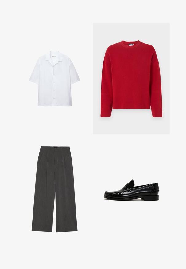 Czerwony sweter z dzianiny z okrągłym dekoltem i opadającymi ramionami. Posiada teksturowane wykończenie oraz luźny fason. Brak widocznych wzorów czy akcentów.; Biała koszula z krótkim rękawem, wykonana z gładkiego materiału, z klasycznym kołnierzykiem i luźnym krojem. Brak widocznych wzorów lub akcentów.; Spodnie o szerokich nogawkach w ciemnoszarym kolorze, z plisowanym przodem, dwiema bocznymi kieszeniami i płaskim pasem. Gładka tekstura i dopasowany krój.; Czarne skórzane mokasyny z zaokrąglonym czubkiem, przeszyciem wzdłuż krawędzi i niskim, blokowym obcasem. Gładka faktura i minimalistyczny design.