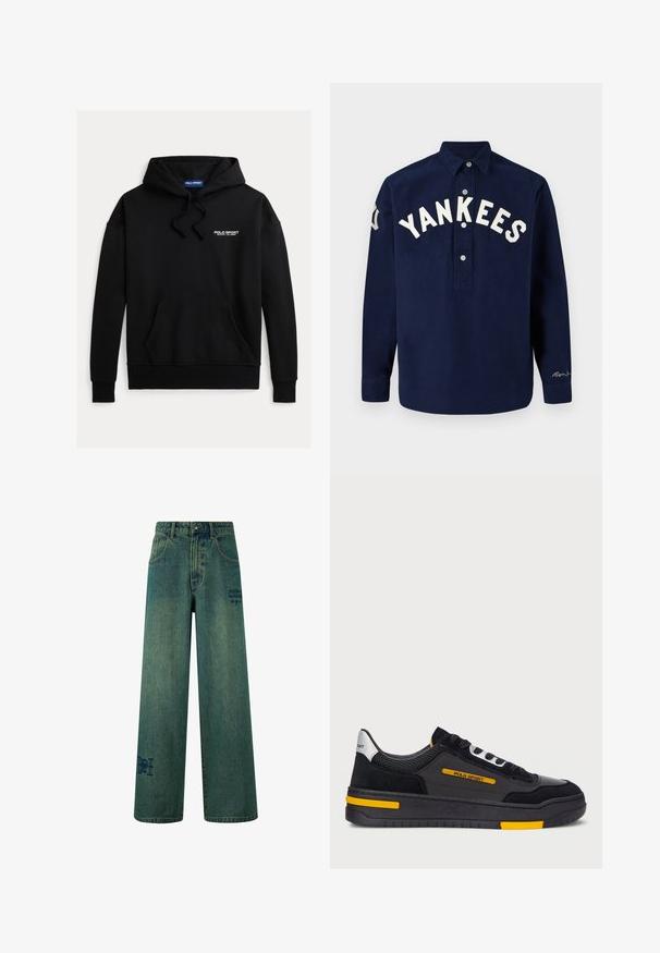 Černá mikina s kapucí a přední kapsou typu klokanka. Na levé horní části je bílý nápis "POLO SPORT". Vyrobena z měkké látky.; Námořnická košile s dlouhým rukávem, na hrudi vyšitý nápis "YANKEES" bílou barvou, má límec na knoflíky a rovný lem.; Džíny se širokými nohavicemi v tmavě modré denimové barvě s jemně zesvětlenou texturou. Obsahují zadní kapsy a dekorativní detail s logem.; Černé tenisky s svrchním materiálem z semiše a síťoviny, s žlutými akcenty a silnou černou podrážkou. Šněrování a branding "POLO SPORT" na boku.