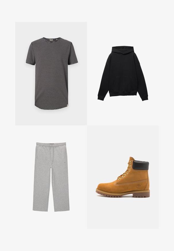 Zwarte hoodie gemaakt van zacht materiaal met een voorkant zak, oversized silhouet, en een capuchon met trekkoord. Voorzien van ribgebreide manchetten en zoom.; Zwart-wit gestreept T-shirt met korte mouwen, ronde halslijn en een afgeronde zoom. Zacht materiaal met een casual pasvorm. Etiket zichtbaar aan de binnenkant.; Grijze katoenen loungebroeken met een elastische tailleband, trekkoord en twee zijzakken; rechte pijpen, zachte textuur, zonder patronen.; Tan suède enkelboot met zwart gevoerd kraagje, gouden metalen oogjes, witte stikdetails en een robuuste rubberen zool met uitgesproken profiel.