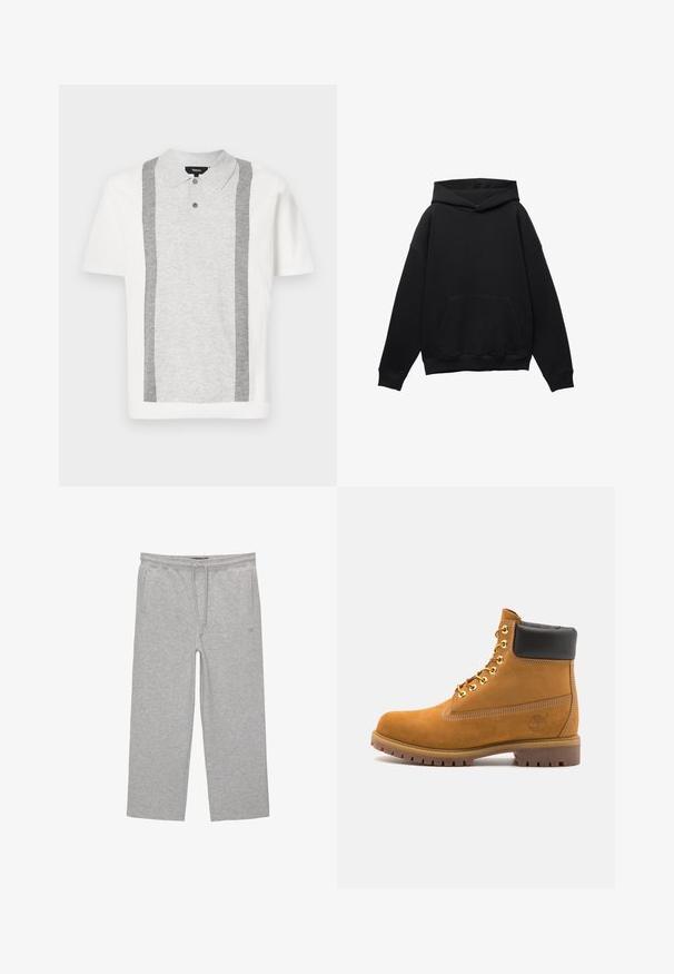 Crna dukserica od mekanog materijala s prednjim džepom, širokog kroja i kapuljačom s vezicom. Ima rebraste manžetne i donji rub.; Theory INTARSIA - Polo majica - white; Sive cotton hlače za opuštanje s elastičnim pojasom, vezicom i dva bočna džepa; ravni kroj, mekana tekstura, bez uzoraka.; Antracitne antilop čizme do gležnjeva s crnim podstavljenim ovratnikom, zlatnim metalnim rupicama, bijelim šavovima i robusnom gumenom potplatom s izraženim šarama.