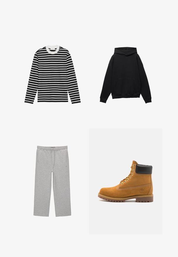 Schwarzer Hoodie aus weichem Material mit einer Fronttasche, oversized Silhouette und Kapuze mit Kordelzug. Ausgestattet mit gerippten Bündchen und Saum.; Langärmliger Pullover mit horizontalen schwarz-weißen Streifen, rundem Ausschnitt und gerippten Bündchen. Weicher Stoff mit klassischer Passform.; Graue Baumwoll-Loungehosen mit elastischem Bund, Kordelzug und zwei seitlichen Taschen; gerader Schnitt, weiche Textur, ohne Muster.; Beige Wildleder-Ankle-Boot mit schwarzem gepolstertem Kragen, goldenen Metallösen, weißen Nähdetalben und einer robusten Gummisohle mit ausgeprägtem Profil.