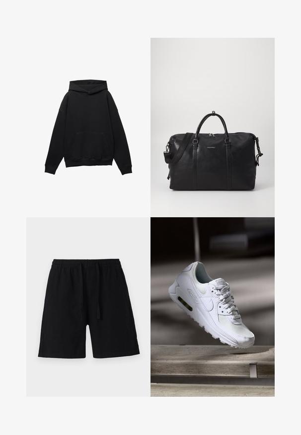 Schwarzer Hoodie aus weichem Material mit einer Fronttasche, oversized Silhouette und Kapuze mit Kordelzug. Ausgestattet mit gerippten Bündchen und Saum.; Schwarze Shorts aus leichtem Material mit einem elastischen Bund und Kordelzug. Sie haben eine lockere Passform und keine sichtbaren Taschen.; Weiße Nike Air Max 90 Sneaker mit einem Obermaterial aus Mesh und Leder, durchlässigem Zehenbereich und einer sichtbaren Air-Einheit in der Ferse.; Schwarze Ledersporttasche mit doppelten Griffen, abnehmbarem Riemen, Reißverschluss und dezentem Logo. Glatte Textur und minimalistisches Design.