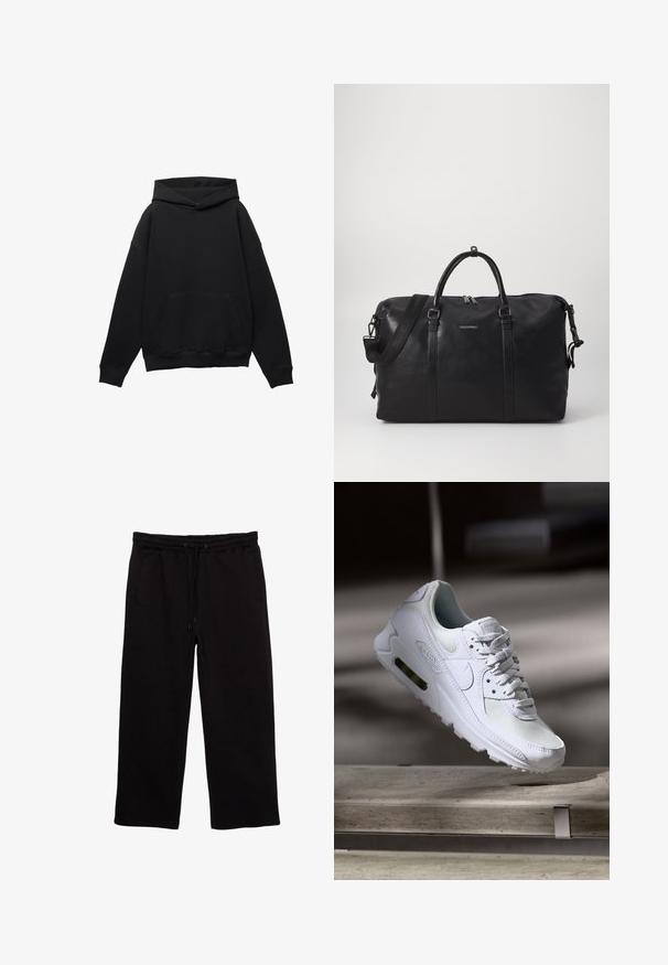 Černá mikina s kapucí vyrobená z měkkého materiálu, s přední kapsou, oversized silueta a stahovací kapucí. Má ribbované manžety a lem.; Černé tepláky vyrobené z měkké tkaniny, s elastickým pasem a tkaničkou, dvěma bočními kapsami a uvolněným střihem.; Bílé tenisky Nike Air Max 90 s vrchním materiálem z textilu a kůže, perforovanou špičkou a viditelnou vzduchovou jednotkou v patě.; Černá kožená cestovní taška s dvojitými uchy, odnímatelným popruhem, zipovým uzavřením a decentním logem. Hladký povrch a minimalistický design.