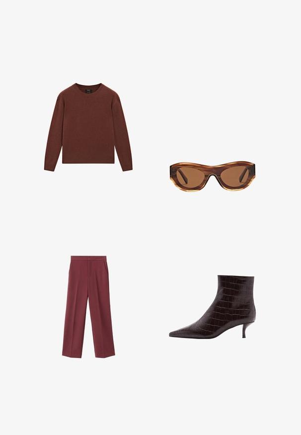 Maglione di lana marrone con scollo rotondo, maniche lunghe, polsini e orlo a coste, e una consistenza morbida. Non sono presenti motivi o decorazioni.; Pantaloni larghi bordeaux con una texture liscia, caratterizzati da tasche laterali e una vita alta. Rifiniti con una piega frontale pulita.; Stivaletti alla caviglia in pelle nera con effetto coccodrillo, dalla punta affusolata e tacco corto e sottile. Texture liscia con un motivo distintivo e un design elegante.; Occhiali da sole con montatura tartarugata, lenti marroni sfumate e una forma elegante cat-eye. Realizzati in plastica leggera con finitura lucida.; Borsa in bronzo con parte superiore arricciata, adornata da frange lunghe e sottili. Due cinturini sottili per il trasporto. Superficie testurizzata con un luccichio metallico.