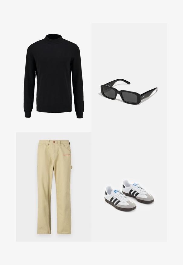 Juodas megztinis su aukštu apykakle, ilgomis rankovėmis ir raukšlėmis rankogaliuose bei gala, pasižymintis lygiu paviršiumi ir klasikinio silueto.; Bežiniai medvilniniai kelnių su tiesiu kojų kirpimu, su raudona logo priekyje, priekinėmis kišenėmis ir šonine kilpa aksesuarams.; Sportiniai batai su balta odine viršutine dalimi, pilku zomšiniu priekiu ir trimis juodomis juostelėmis. Ant liežuvio yra mėlynas logotipas, o padas pagamintas iš tekstūruoto gumos.; Arnette THEKIDD UNISEX - Akiniai nuo saulės - black