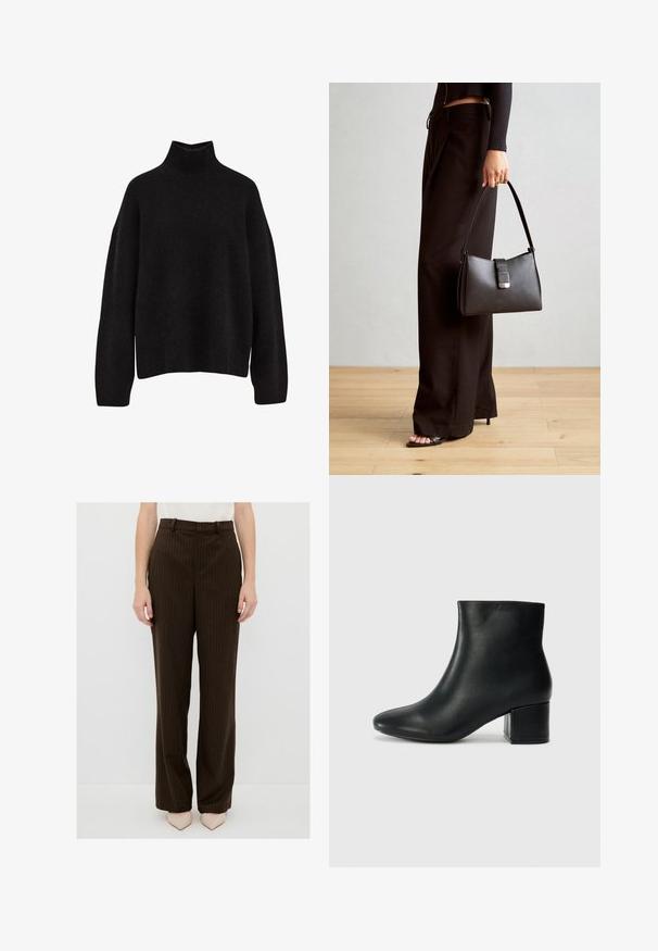 Zwart wollen trui met hoge hals, lange mouwen en een losse fit.; Bruine streepjesslipjes met een rechte pijp, voorzien van een tailleband met riemlussen en voorzakken, gemaakt van een gladde stof.; Zwarte leren enkellaarzen met een spitse neus en een chunky hak. Gladde textuur met minimale accenten en een slank, strakk ontwerp.; Zwarte handtas met gestructureerde vorm, gladde textuur en een metalen sluiting. Gecombineerd met brede zwarte broeken en sandalen met open teen op een houten vloer.