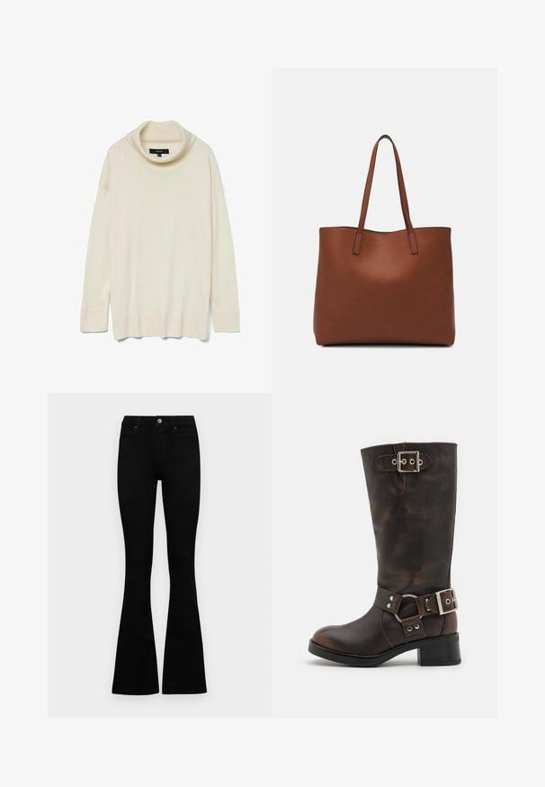 Cremfarbener Pullover mit Schalkragen, langen Ärmeln, Rippensstruktur und lockerer Passform. Weiches Material mit schlichter Gestaltung und ohne sichtbare Hardware.; Schwarze hochtaillierte Jeans mit einem Knopf- und Reißverschluss, Fronttaschen und ausgestellten Beinen, flach auf einem weißen Hintergrund ausgelegt.; Steve Madden BEAU - Cowboy-/Bikerboot - brown; Braune Leder-Tote mit glatter Textur, offenem Oberteil und zwei Schulterriemen. Verfügt über minimale Nähte und keine sichtbaren Beschläge.