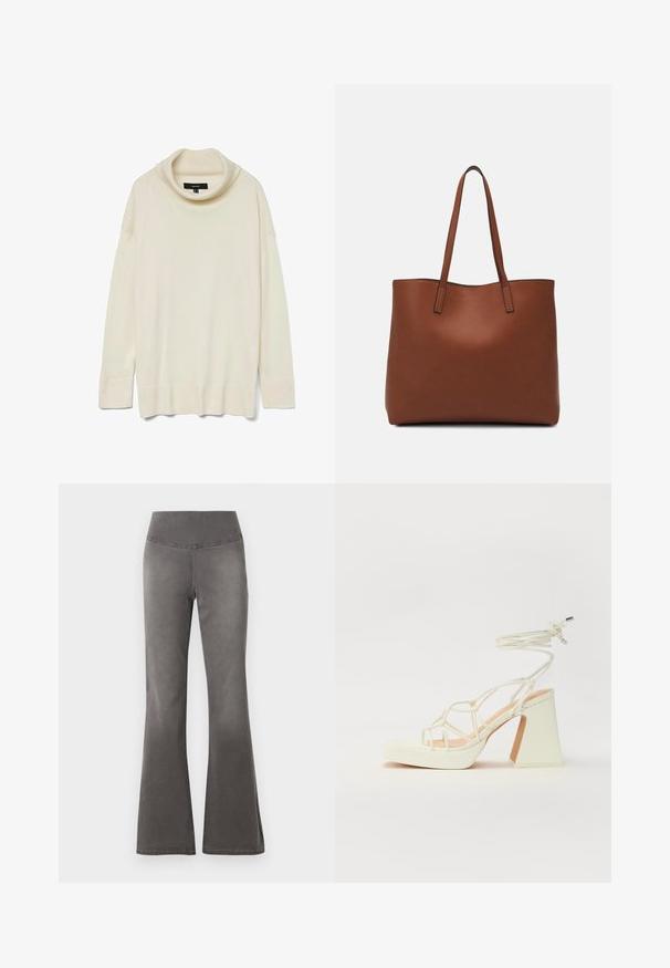 Krēmveida kreklvērtnes džemperis ar garām piedurknēm, ribota tekstūra un brīvs piegriezums. Mīksts materiāls ar gludu dizainu un bez redzamām detaļām.; Izplūdušas pelēkas bikses ar gludu, elastīgu jostu un šauru piegājienu caur augšstilbiem, pārejot uz platāku apakšdaļu.; Baltas augstpapēžu sandales ar masīvu papēdi, ar siksnu dizainu un potītes saistītiem elementiem. Gluda tekstūra ar platformu priekšpusē, lai nodrošinātu papildu augstumu.; Brūna ādas iepirkumu soma ar gludu tekstūru, atvērta augšdaļa un divas plecu siksnas. Izceļas ar minimālām šuvēm un redzamu aparatūru nav.