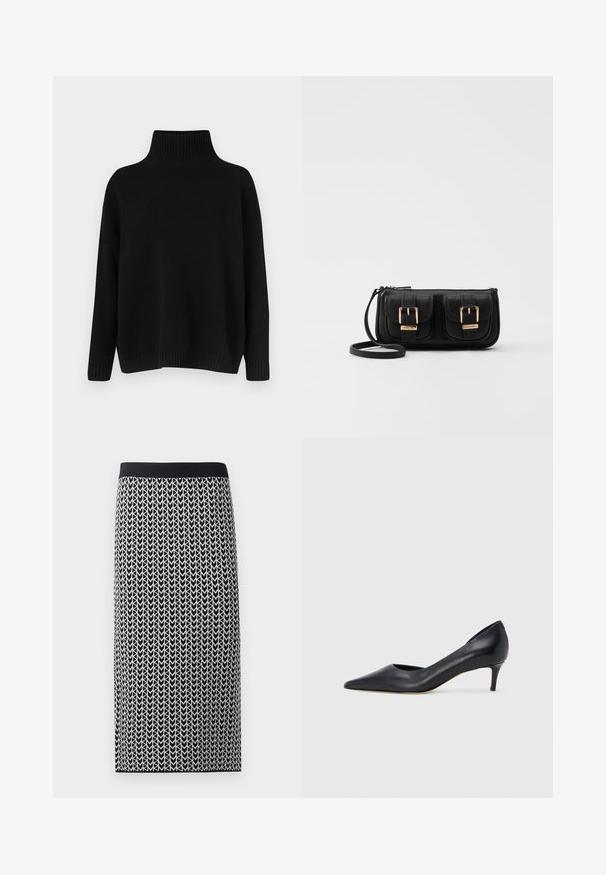Svart stickad tröja med hög ribbad krage, nedsänkta axlar och en avslappnad passform. Har ribbade muddar och fåll för textur.; Knälång kjol av ett stretchigt trikåtyg med ett svart och vitt pilmönster och en svart elastisk midja.; Svart läderpumps med spetsig tå och låg klack. Har en slät textur och subtil glans. Öppet utskuret fram för extra detalj.; Svart läderaxelväska med två framfickor, guldspännen, dragkedjestängning och en smal rem. Texturerad yta och kompakt rektangulär form.