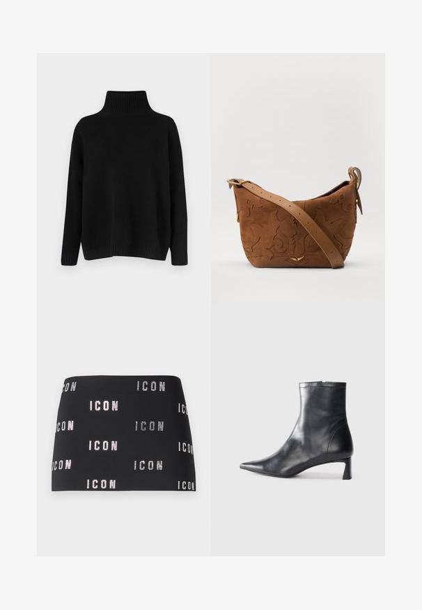 Black knitted sweater with a high ribbed collar, dropped shoulders, and a relaxed fit. Features ribbed cuffs and hem for texture.; Black mini skirt featuring glittering "ICON" text in a repeating pattern across the fabric, smooth texture with a fitted design.; Black leather ankle boot with a pointed toe and a sleek design. Features a low heel and a zipper closure at the back. Smooth texture.; Brown suede shoulder bag with embossed floral design, complemented by a smooth brown leather strap and gold-tone hardware accent.