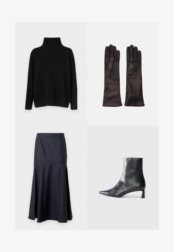Juodas megztinis megztas, su aukštu ribuotu apykakliu, nuleistais pečiais ir laisvo silueto. Turi ribotas rankogalius ir apačią, suteikiančias tekstūros.; Juoda aukštu liemeniu A-formos sijonas su siūlių detalėmis po klubais, išsiplėtęs link krašto, pristatytas ant vienspalvio fono.; Juodas odinis kulkšninis batas su smailiu pirštu ir elegantišku dizainu. Turi žemą kulną ir užtrauktuką gale. Lygi tekstūra.; Weekend Max Mara SENAPE - Pirštinės - nero