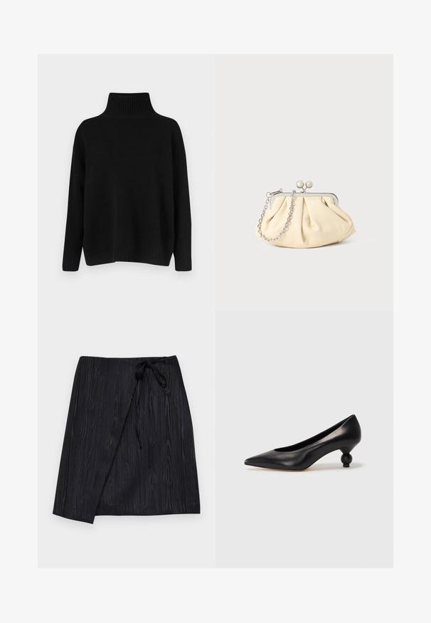 Juodas megztinis megztas, su aukštu ribuotu apykakliu, nuleistais pečiais ir laisvo silueto. Turi ribotas rankogalius ir apačią, suteikiančias tekstūros.; Juodas apvyniotas sijonas su tekstūruota medžio dermė, turintis kaklaraiščio uždarymą juosmens srityje ir tiesią siluetą.; Juoda odinė aukštakulnė bateliai su smailiu pirštu ir apvaliu, iškiliu kulnu. Lygus paviršius su elegantišku, minimalistiniu dizainu.; Plyšiniai smėlio spalvos odiniai rankinukai su sidabriniu metaliniu rėmu, turintys du apvalius dekoratyvinius užtrauktukus ir sidabrinę grandinėlę.