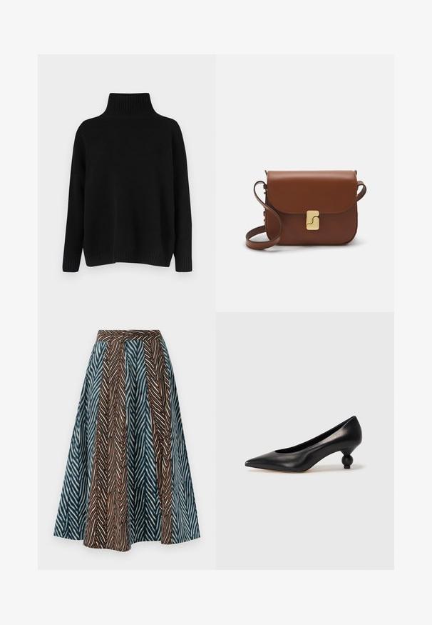 Mustast riidest kudumiga kampsun, millel on kõrge soonikuga krae, allapoole langetatud õlad ja lõdvestunud lõige. Omadusena soonikuga mansetid ja alumine ääreosa, mis lisavad tekstuuri.; Pruun ja sinine midi seelik, millel on sakiline muster, volditud disain ja sobiv vöökoht. Valmistatud kergetest kangast.; Must musta kõrge kontsaga king, millel on terav nina ja ümar, pallikujuline konts. Sile pind ja elegantne, minimalistlik disain.; Pruunist nahast käekott, millel on klapiga sulgur, kuldne riistvara, õlarihm ja sile tekstuur. Kompaktne ristkülikukujuline vorm.; WEEKEND MaxMara SENAPE - Sõrmkindad - nero