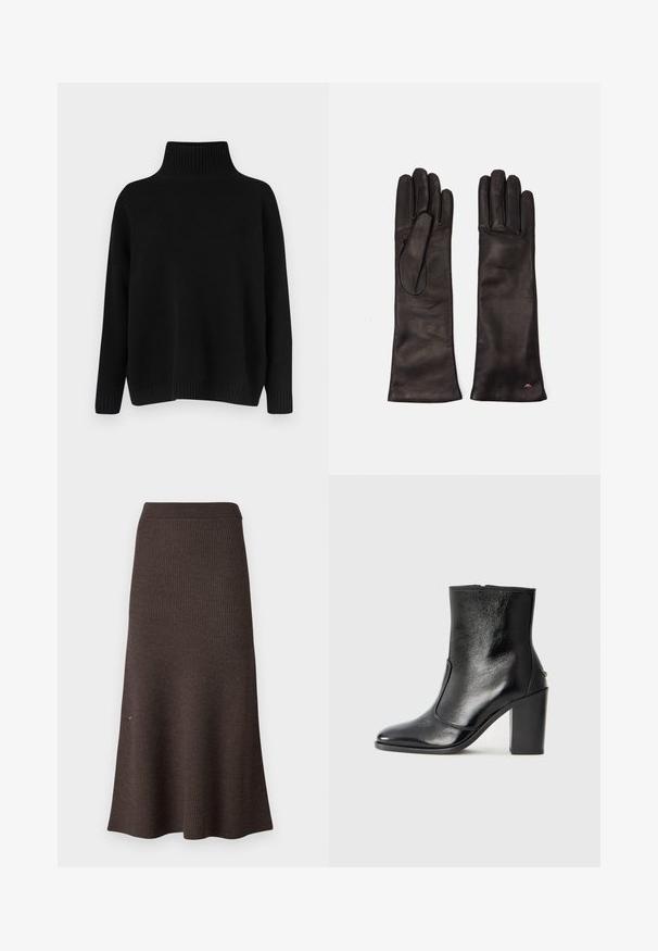 Pull noir en maille avec un col montant côtelé, des épaules tombantes et une coupe décontractée. Comprend des poignets et un ourlet côtelés pour la texture.; Jupe en maille côtelée marron, de forme évasée et avec une taille élastique. La texture est douce, avec une finition lisse et des bords nets.; Bottine en cuir noir, avec une texture lisse, un bout pointu et un talon chunky haut. Présente une ouverture sur le côté et un design minimaliste.; WEEKEND MaxMara SENAPE - Gants - nero
