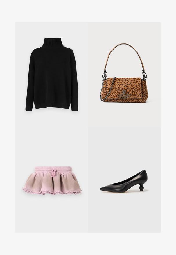 Juodas megztinis megztas, su aukštu ribuotu apykakliu, nuleistais pečiais ir laisvo silueto. Turi ribotas rankogalius ir apačią, suteikiančias tekstūros.; Rožinė medvilninė sijonas su susiraukšlėjimo dizainu, turintis suplėšytą apvado kraštą ir elastinę juostą su dekoratyvine kutu.; Juoda odinė aukštakulnė bateliai su smailiu pirštu ir apvaliu, iškiliu kulnu. Lygus paviršius su elegantišku, minimalistiniu dizainu.; Žirafos rašto rankinė, pagaminta iš zomšos, su trumpa rankena, grandinėlės dirželiu ir juodo metalo užsegimu. Stačiakampio formos, su uždėta užsklanda.