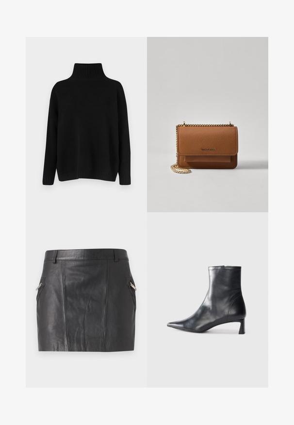Crni pleteni džemper s visokim rebrastim ovratnikom, spuštenim ramenima i opuštenim krojem. Ima rebraste manžete i rub radi teksture.; Crna kožna mini suknja s glatkom teksturom, sa kutevima bočnim džepovima s metalnim patentnim zatvaračima i prilagođenim dizajnom.; Crne kožne gležnjače s uskim vrhom i elegantnim dizajnom. Imaju niski potpetak i zatvaranje na patentni zatvarač straga. Glatka tekstura.; Smeđa kožna torba preko tijela s teksturom, zlatnim lančićem i preklopom na zatvaranju. Na prednjoj strani nalazi se detalj s potpisom i džep ispod preklopa.