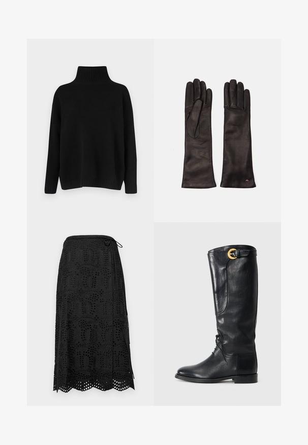 Musta neulottu neulepaita, jossa on korkea resoripystykaulus, korotetut olkapäät ja rento leikkaus. Varustettu resorireunuksilla hihansuissa ja helmassa tuomaan tekstuuria.; Mustat hameet, joissa on monimutkaisia pitsi yksityiskohtia, joissa on aaltoileva helma ja nauhakiinnitys vyötäröllä. Valmistettu kevyestä kankaasta.; Musta nahkasaapas, joka ulottuu polveen, pyöristetyllä kärjellä, nauhoitettuna edestä, sivuosalla ja kullalla viimeistellyllä soljella ylhäällä. Sileä pinta.; Weekend Max Mara SENAPE - Sormikkaat - nero