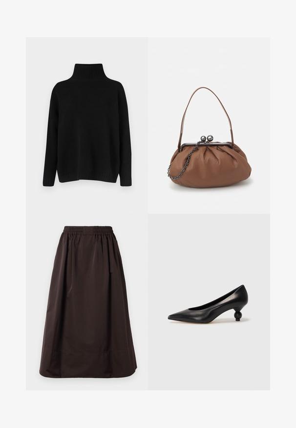 Pull noir en maille avec un col montant côtelé, des épaules tombantes et une coupe décontractée. Comprend des poignets et un ourlet côtelés pour la texture.; Jupe midi marron avec taille élastique et large ourlet, fabriquée en tissu lisse avec des plis subtils sous la taille.; Chaussure à talon haut en cuir noir avec un bout pointu et un talon arrondi. Texture lisse avec un design épuré et minimal.; Sac à main en cuir marron avec un design plissé, une courte poignée en cuir et une bandoulière en chaîne. Présente un fermoir en métal argenté avec deux accents ronds.