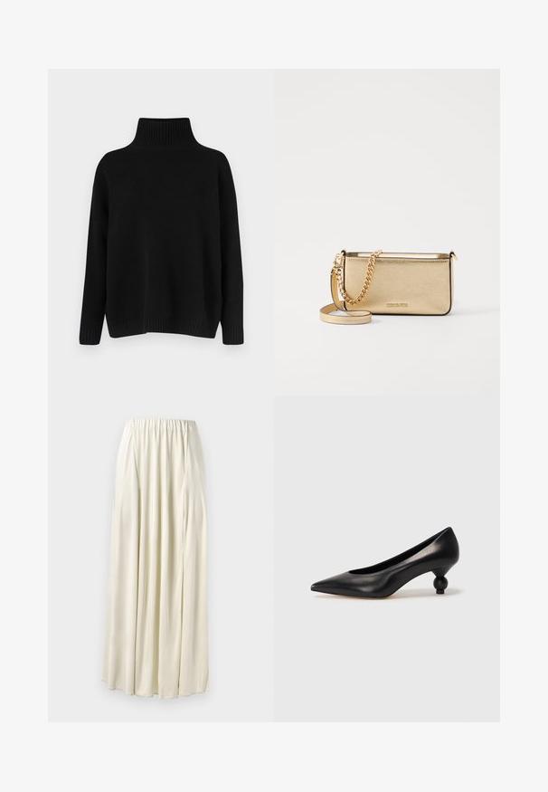 Pull noir en maille avec un col montant côtelé, des épaules tombantes et une coupe décontractée. Comprend des poignets et un ourlet côtelés pour la texture.; Jupe longue de couleur crème avec une taille élastique, faite d'un tissu lisse. Présente des plis doux et un design fluide. Pas de motifs visibles.; Chaussure à talon haut en cuir noir avec un bout pointu et un talon arrondi. Texture lisse avec un design épuré et minimal.; Pochette en cuir doré métallisé avec une finition texturée, dotée d'une chaîne dorée et d'une bandoulière amovible. Logo de la marque estampé.