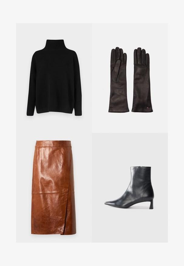 Juodas megztinis megztas, su aukštu ribuotu apykakliu, nuleistais pečiais ir laisvo silueto. Turi ribotas rankogalius ir apačią, suteikiančias tekstūros.; Ruda odinė iki kelių sijonas su lengvu priekiu plyšiu ir prigludusia juosmens linija, eksponuojamas ant paprasto šviesaus fono.; Juodas odinis kulkšninis batas su smailiu pirštu ir elegantišku dizainu. Turi žemą kulną ir užtrauktuką gale. Lygi tekstūra.; Weekend Max Mara SENAPE - Pirštinės - nero