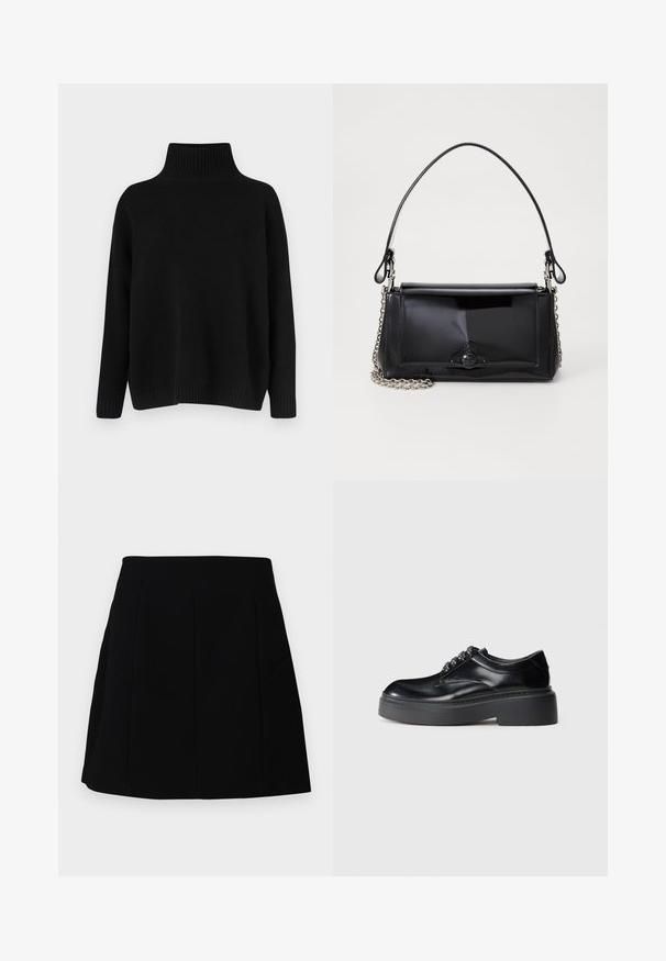 Black knitted sweater with a high ribbed collar, dropped shoulders, and a relaxed fit. Features ribbed cuffs and hem for texture.; Black mini skirt with a structured silhouette, featuring front seams and side pockets, made from a smooth, lightweight fabric.; Black leather shoes with a rounded toe, thick platform sole, and decorative lace detailing. Smooth texture and contrast stitching visible.; Black patent leather handbag with a rectangular shape, chain strap, and a distinctive hardware accent in the center. Smooth texture.