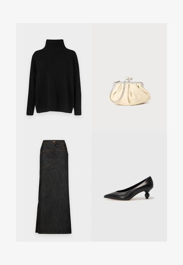 Čierny pletený sveter s vysokým žebrovaným golierom, spustenými ramenami a voľným strihom. Má žebrované manžety a lem pre textúru.; Tmavomodrá denimová maxi sukňa s vysokým pásom, so rovnými nohavicami, bočným rozparkom, zosilnenými švami a kontrastným oranžovým prešívaním.; Čierna kožená vysoká topánka na podpätku s ostrým špičkou a okrúhlym, guľatým podpätkom. Hladký povrch s moderným, minimalistickým dizajnom.; Zhlý béžový kožený klobúk so strieborným kovovým rámom, ktorý má dve okrúhle dekoratívne zámky a strieborný reťazový popruh.