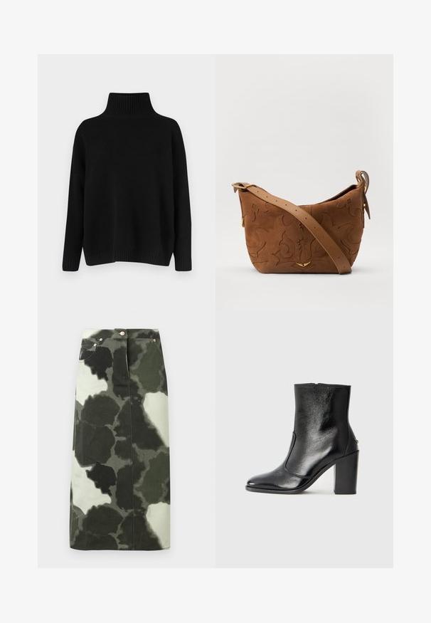 Fekete kötött pulóver magas bordázott gallérral, alacsony vállvonallal és laza szabással. Bordázott mandzsettákkal és szegéllyel rendelkezik a textúra érdekében.; Sötétzöld és fekete álcázó mintájú farmer szoknya, magas derékkal, négy zsebbel és fémbetétekkel. Középhosszú és egyenes szabású.; Fekete bőr bokacipő sima textúrával, hegyes orral és vastag, magas sarkával. Oldalnyílással és minimalista dizájnnal rendelkezik.; Barna velúr válltáska, dombornyomott virágmintával, sima barna bőrpánttal és arany színű fém kiegészítőkkel.
