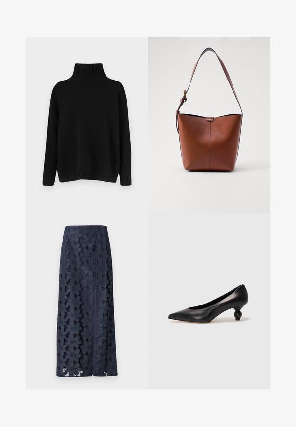Melnā trikotāžas džemperis ar augstu ribu apkakli, nolaistām plecu līnijām un vaļīgu piegriezumu. Ar rievotām aprocēm un apakšu tekstūras radīšanai.; Tumši zila mežģīņu svārki ar ziedu rakstiem, taisnajā griezumā un sānu plaisu, kas nodrošina ērtību kustībā. Mīksta tekstūra un sarežģīta izpildījuma detaļas.; Melnas ādas augstpapēžu kurpes ar smailu purngalu un apaļu papēdi. Gluda tekstūra ar elegantu, minimālistisku dizainu.; Brūna ādas plecu soma ar izliekta formu, gludu tekstūru un vienu plānu siksnu. Iekļauj subtilu šuvumu un mazu logotipa detaļu.
