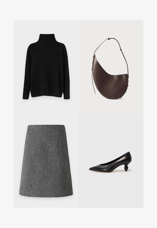 Black knitted sweater with a high ribbed collar, dropped shoulders, and a relaxed fit. Features ribbed cuffs and hem for texture.; Gray herringbone skirt with a flared A-line shape, made from textured fabric. Features a clean waistband and no visible hardware or accents.; Black leather high heel shoe with a pointed toe and a round, balled heel. Smooth texture with a sleek, minimal design.; Brown leather handbag with a curved shape, single strap, and minimalistic design. Features a subtle logo and gold hardware accents.
