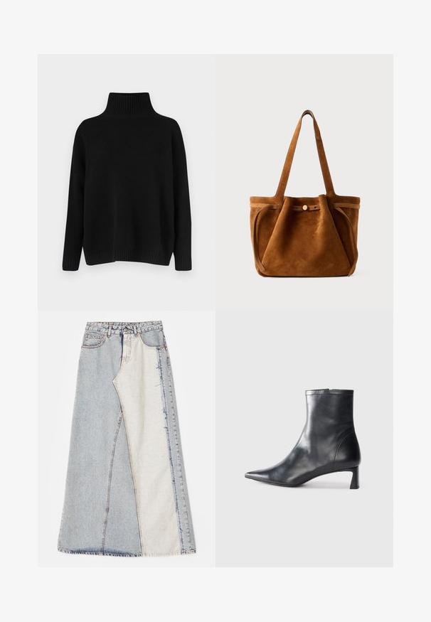 Pull noir en maille avec un col montant côtelé, des épaules tombantes et une coupe décontractée. Comprend des poignets et un ourlet côtelés pour la texture.; Jupe en denim avec un motif patchwork composé de sections bleues clair et moyen, ourlets effilochés et taille haute. Style classique à cinq poches.; Bottine en cuir noir avec un bout pointu et un design épuré. Présente un petit talon et une fermeture éclair à l'arrière. Texture lisse.; Sac fourre-tout en suede marron avec doubles poignées, un strap de fermeture à bouton et une forme décontractée, légèrement affaissée.