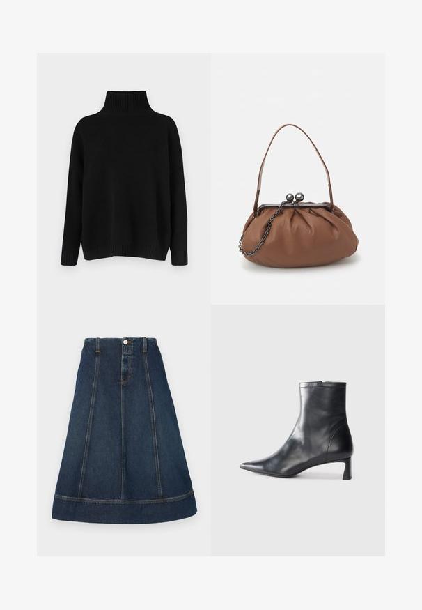 Juodas megztinis megztas, su aukštu ribuotu apykakliu, nuleistais pečiais ir laisvo silueto. Turi ribotas rankogalius ir apačią, suteikiančias tekstūros.; Tamsiai mėlynos džinsinio audinio A formos sijonas, su knopkėmis prie juosmens, penkiais diržo kilpelėmis ir kontrastingomis siūlėmis. Iki kelių, su apdirbtu apdaila.; Juodas odinis kulkšninis batas su smailiu pirštu ir elegantišku dizainu. Turi žemą kulną ir užtrauktuką gale. Lygi tekstūra.; Ruda odinė rankinė su surinkto dizaino, trumpa odinė rankena ir grandinėlės diržas. Yra sidabrinė metalinė sagtis su dviem apvaliais akcentais.