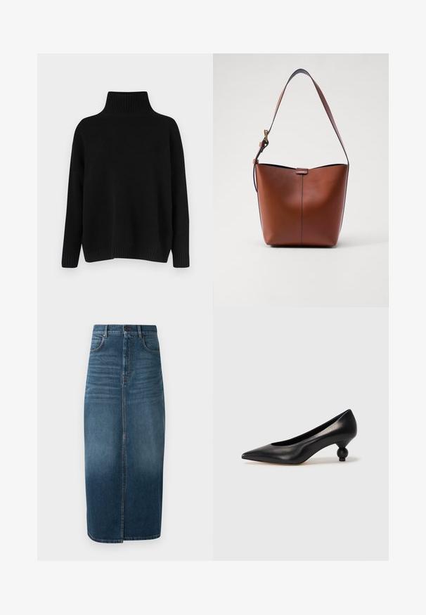 Zwarte gebreide trui met een hoge, geribbelde kraag, verlaagde schouders en een ontspannen pasvorm. Voorzien van geribbelde manchetten en zoom voor textuur.; Denim midi-rok in donker indigo, met een voorkeursplit en een lichte vervaging. Klassiek vijf-pocket ontwerp met metalen knoopsluiting.; Zwarte leren hoge hak schoen met een spitse neus en een ronde, bolle hak. Gladde textuur met een elegant, minimalistisch ontwerp.; Bruine leren schoudertas met een gebogen vorm, gladde textuur en een enkele dunne schouderband. Heeft een subtiele naad en een klein logo-detail.