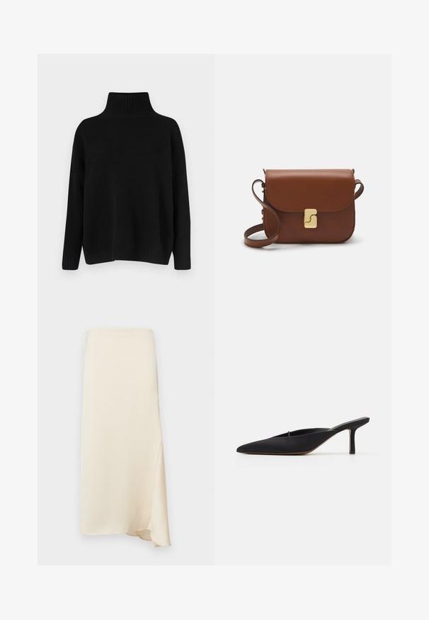 Black knitted sweater with a high ribbed collar, dropped shoulders, and a relaxed fit. Features ribbed cuffs and hem for texture.; Weekend Max Mara AIA - Pencil skirt - ecru; Black pointed-toe mule with a sleek design, made of smooth fabric, featuring a slender heel and open back for easy wear.; Brown leather handbag with a flap closure, gold-tone hardware, a shoulder strap, and a smooth texture. Compact rectangular shape.