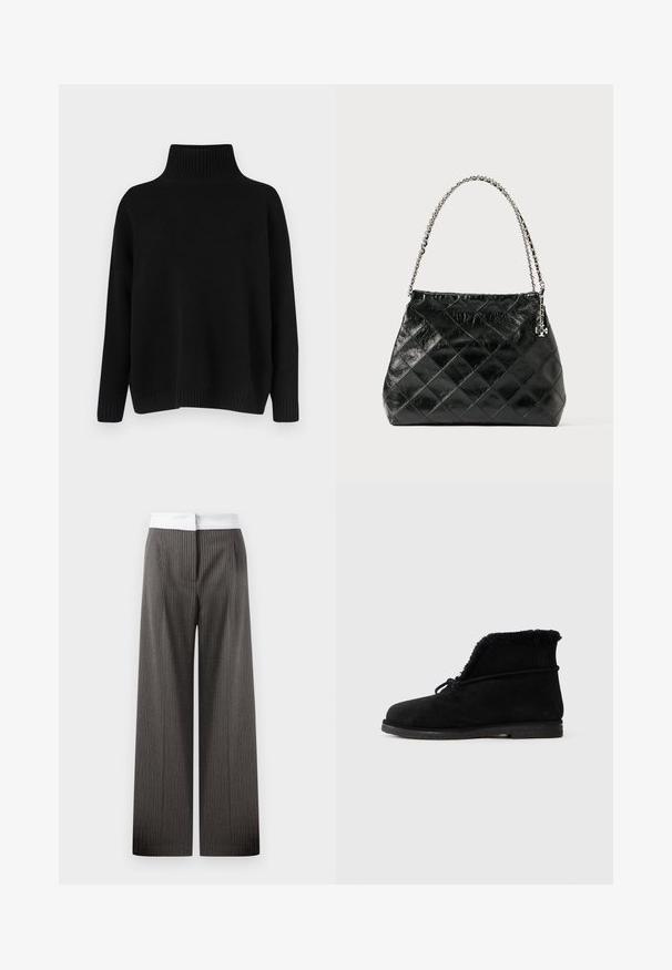 Melnā trikotāžas džemperis ar augstu ribu apkakli, nolaistām plecu līnijām un vaļīgu piegriezumu. Ar rievotām aprocēm un apakšu tekstūras radīšanai.; Platas kājas bikses tumši pelēkā krāsā ar vertikālām strīpām. Jostasvieta ir balta un elastīga, radot kontrastējošu detaļu.; Melnas zamšādas potīšu zābaki ar redzamu vilnas oderi atverē un sasietu šņori ap augšējo daļu.; Melnas šūtas ādas rokassomas ar sudraba krāsas ķēdes rokturi, tai ir strukturēts dizains un gluda tekstūra.