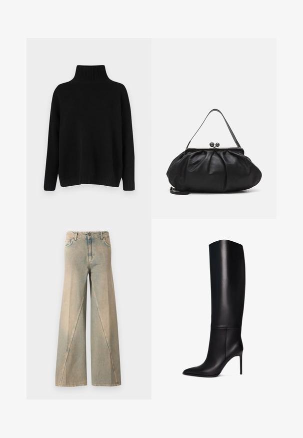 Svart stickad tröja med hög ribbad krage, nedsänkta axlar och en avslappnad passform. Har ribbade muddar och fåll för textur.; Ljust blåvida jeans i denim. Har hög midja, framfickor och ett distinkt sömmönster längs benen.; Knähöga svarta läderstövlett med spetsig tå. Slät yta, strukturerad design och en smal hög klack. Inga synliga beslag eller mönster.; Svart läderhandväska med en rundad, veckad design. Har ett metallspänne med två dekorativa kulor och en smal, avtagbar rem.
