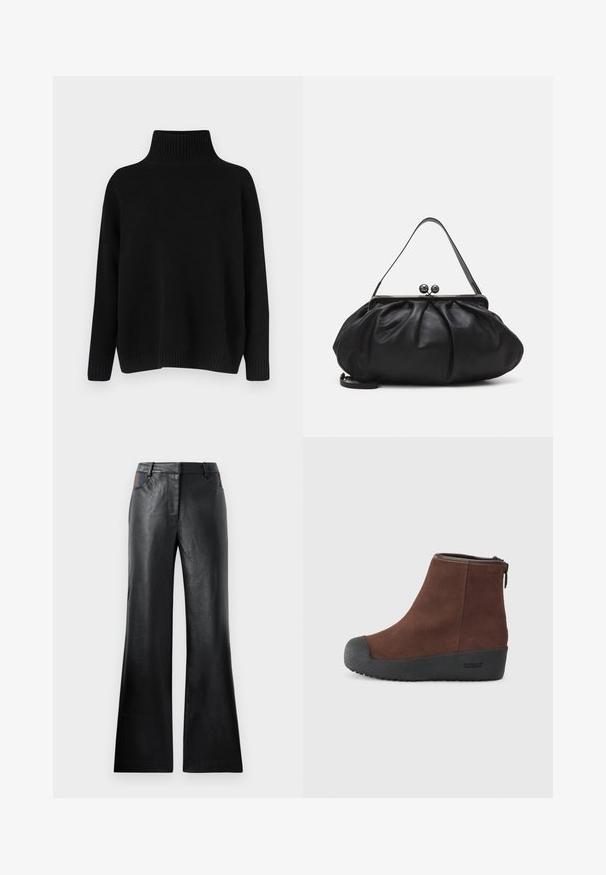 Pull noir en maille avec un col montant côtelé, des épaules tombantes et une coupe décontractée. Comprend des poignets et un ourlet côtelés pour la texture.; Pantalon évasé en cuir noir avec une texture lisse, comportant deux poches avant avec des accents noirs et marron près de la taille.; Bottine en suède marron avec un bout rond, une semelle en caoutchouc noir texturé, et une fermeture éclair sur le côté. Marquage discret sur le talon et près de la fermeture éclair.; Sac à main en cuir noir avec un design arrondi et plissé. Il possède un fermoir métallique avec deux boules décoratives et une bandoulière fine et amovible.