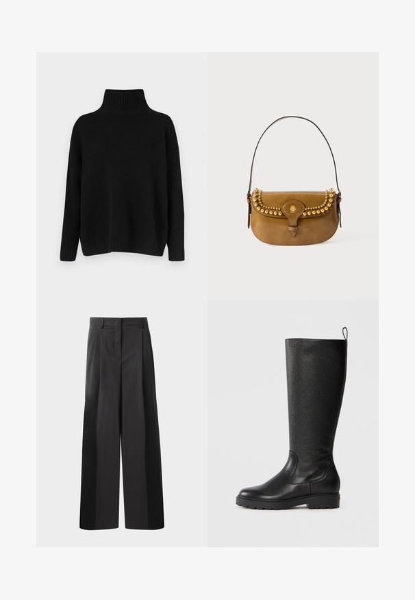 Musta neulottu neulepaita, jossa on korkea resoripystykaulus, korotetut olkapäät ja rento leikkaus. Varustettu resorireunuksilla hihansuissa ja helmassa tuomaan tekstuuria.; Mustat, leveälahkeiset housut korkealla vyötäröllä, etupleiteillä, sileällä pinnalla ja huolitellulla viimeistelyllä. Suunniteltu rentoon istuvuuteen.; Mustat polvipituiset saappaat, jotka on valmistettu tekstuuripintaisesta nahasta. Niissä on pyöristetty kärki, kestävä kumipohja, joka tarjoaa pitoa, ja vetonauha ylhäällä.; Ruskean nahkainen käsilaukku, jossa on kaareva muotoilu. Laukussa on kultaiset niitit ylhäällä, lyhyt hihna ja solkikiinnitys.