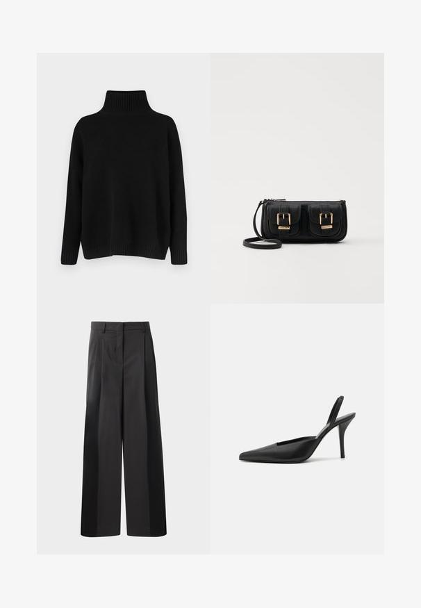 Schwarzer Strickpullover mit hohem, geripptem Kragen, herabgesetzten Schultern und lockerer Passform. Verfügt über gerippte Bündchen und Saum für zusätzliche Textur.; Schwarze, weit geschnittene Hose mit hoher Taille, versehen mit Frontfalten, einer glatten Textur und einem maßgeschneiderten Finish. Entworfen für eine lockere Passform.; Schwarze Slingback-Absatzschuhe mit spitzem Fuß, aus glattem Leder und einem eleganten, minimalistischen Design. Hoher Stiletto-Absatz.; Schwarze Leder-Umhängetasche mit zwei vorderen Taschen, goldenen Schnallen, Reißverschluss und einem schmalen Tragegurt. Texturierte Oberfläche und kompakte rechteckige Form.