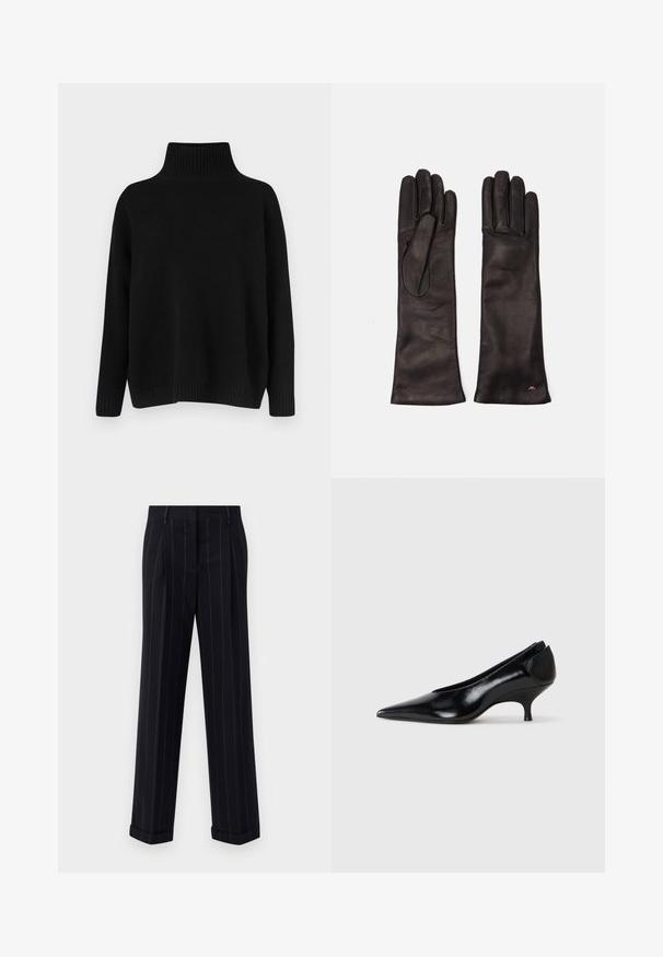 Black knitted sweater with a high ribbed collar, dropped shoulders, and a relaxed fit. Features ribbed cuffs and hem for texture.; Black pinstriped trousers with a tailored fit, featuring a cuffed hem and front pleats. Made of smooth fabric with a structured design.; Black leather pump with a pointed toe, low heel, sleek design, and smooth texture. Features a slip-on style with no visible hardware.; Weekend Max Mara SENAPE - Gloves - nero