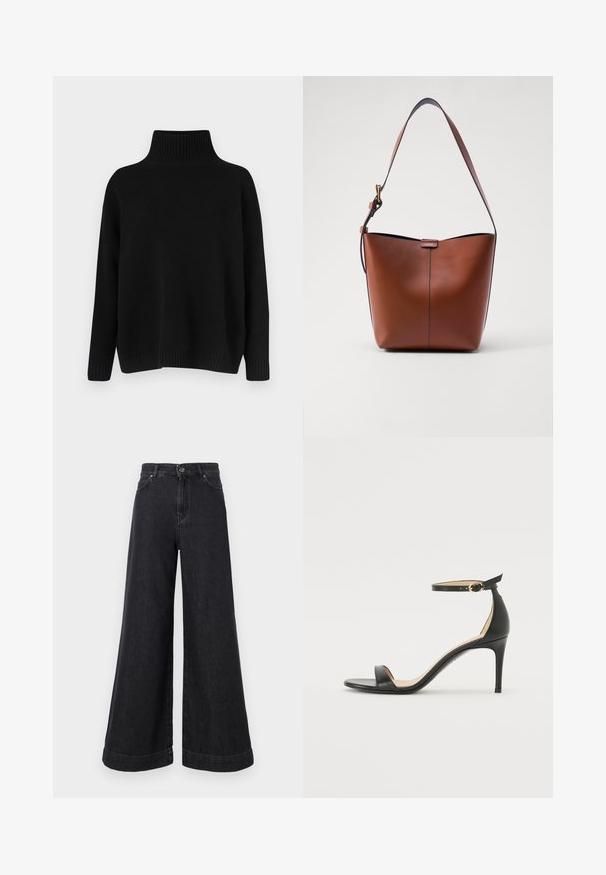 Black knitted sweater with a high ribbed collar, dropped shoulders, and a relaxed fit. Features ribbed cuffs and hem for texture.; Wide-leg black denim pants with a high waist, large pockets, and a prominent hem, featuring a classic button and zipper closure.; Black leather high-heeled sandal with an ankle strap. Features a smooth texture, open toe, and a thin heel. Gold-toned buckle detail.; Brown leather shoulder bag with a curved shape, smooth texture, and a single thin strap. Features a subtle seam and a small logo detail.