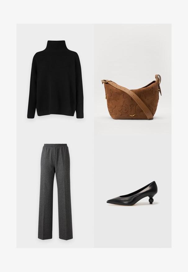 Pull noir en maille avec un col montant côtelé, des épaules tombantes et une coupe décontractée. Comprend des poignets et un ourlet côtelés pour la texture.; Pantalons larges texturés gris avec une taille élastique, présentant un motif discret en chevrons. Tissu doux avec une coupe décontractée.; Chaussure à talon haut en cuir noir avec un bout pointu et un talon arrondi. Texture lisse avec un design épuré et minimal.; Sac à épaule en suede marron avec un motif floral en relief, complété par une bandoulière en cuir marron lisse et des accents en métal doré.