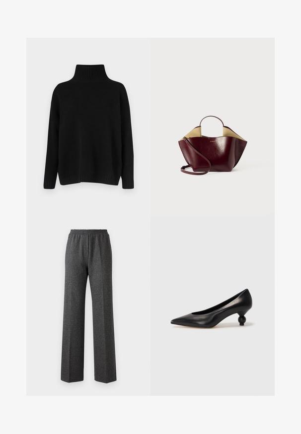 Černý pletený svetr s vysokým žebrovaným límcem, spadlými rameny a volnějším střihem. Má žebrované manžety a lem pro texturu.; Šedé široké kalhoty s texturou a elastickým pasem, s jemným vzorem rybí kosti. Měkká látka s uvolněným střihem.; Černá kožená vysoká bota na podpatku s špičatou špičkou a kulatým, zaobleným podpatkem. Hladká textura s elegantním, minimalistickým designem.; Burgundská kožená kabelka se strukturovaným tvarem, s krátkým uchem, dlouhým ramenním popruhem a kontrastním béžovým interiérem.