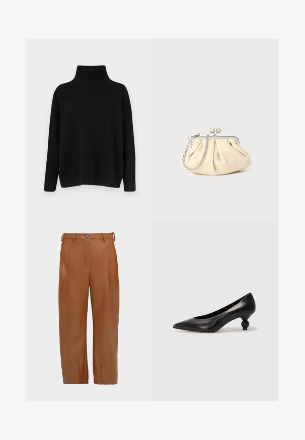 Sort strikket sweater med høj ribstrikket krave, sænkede skuldre og en afslappet pasform. Har ribstrikkede manchetter og kant for struktur.; Brune faux læderbukser med lige snit, front søm detaljer, to bæltestropper og en enkelt knaplukning i taljen.; Sort læder høje hæle med spids tå og rund, kugleformet hæl. Glat tekstur med et stilrent, minimalistisk design.; Plisseret beige læderclutch med en sølvmetalramme, der har to runde dekorative låse og en sølvkædetrasporte.