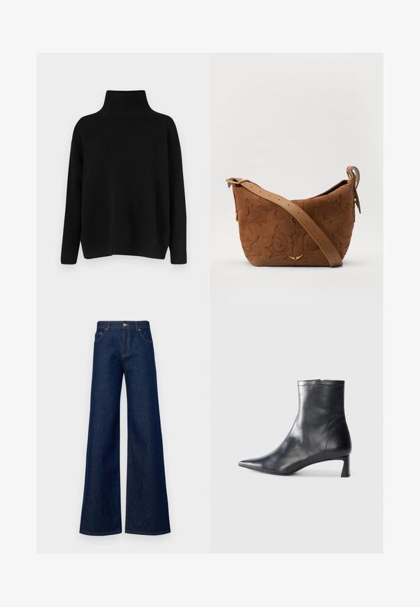 Jersey negro de punto con un cuello alto acanalado, hombros caídos y un ajuste relajado. Cuenta con puños y dobladillo acanalados para dar textura.; Jeans de pernera ancha en un tono azul oscuro, fabricados en denim, con cierre de botón, bolsillos delanteros y costuras en contraste a lo largo de las costuras.; Botín de cuero negro hasta el tobillo con punta afilada y un diseño elegante. Presenta un tacón bajo y un cierre con cremallera en la parte trasera. Textura suave.; Bolso de hombro de ante marrón con diseño floral en relieve, complementado por una correa de cuero marrón suave y acentos de herrajes en tono dorado.