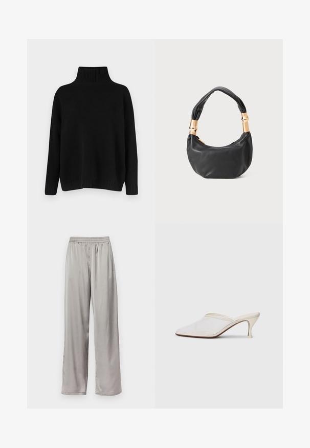 Černý pletený svetr s vysokým žebrovaným límcem, spadlými rameny a volnějším střihem. Má žebrované manžety a lem pro texturu.; Světlé šedé široké kalhoty vyrobené z hladkého, hedvábného materiálu. Mají elastický pas a jemnou výšivku loga na boku.; Bílé síťované psací muly s špičatou špičkou, štíhlým středně vysokým podpatkem a designem na nazouvání na jednobarevném pozadí.; Černá kožená kabelka s kulatým tvarem, měkkou texturou a uzlovou rukojetí se zlatými kovovými detaily. Zapínání na zip.