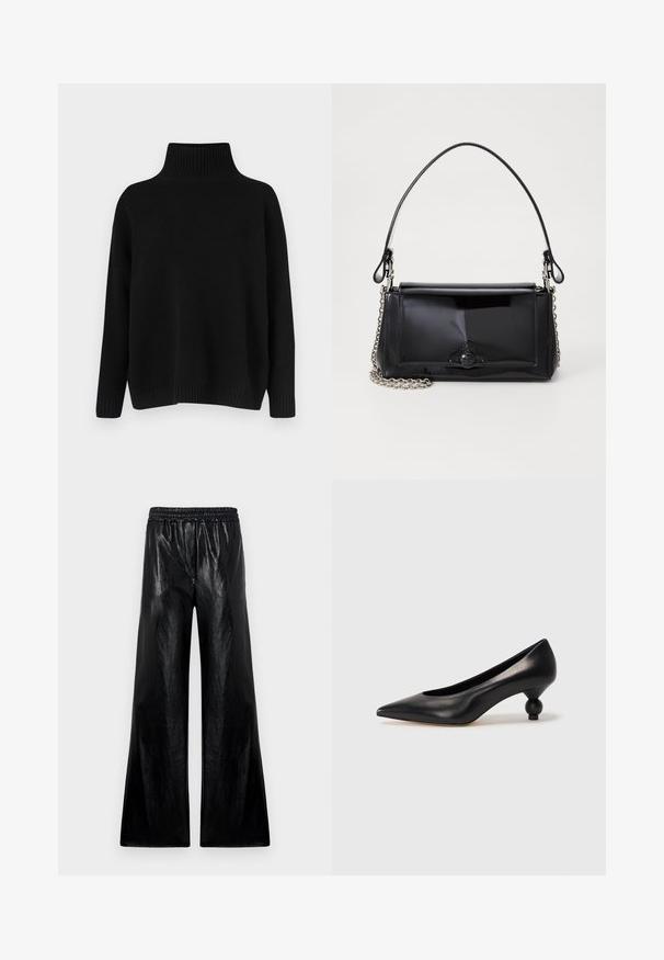 Black knitted sweater with a high ribbed collar, dropped shoulders, and a relaxed fit. Features ribbed cuffs and hem for texture.; Wide-leg pants made of glossy black material with an elasticated waistband. The fabric features a smooth texture and slight sheen.; Black leather high heel shoe with a pointed toe and a round, balled heel. Smooth texture with a sleek, minimal design.; Black patent leather handbag with a rectangular shape, chain strap, and a distinctive hardware accent in the center. Smooth texture.