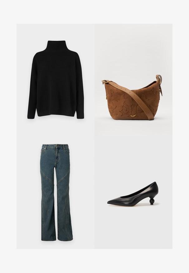 Black knitted sweater with a high ribbed collar, dropped shoulders, and a relaxed fit. Features ribbed cuffs and hem for texture.; Blue denim jeans with a wide-leg design, featuring curved seam details and standard five-pocket styling. Unfinished hem at the bottom.; Black leather high heel shoe with a pointed toe and a round, balled heel. Smooth texture with a sleek, minimal design.; Brown suede shoulder bag with embossed floral design, complemented by a smooth brown leather strap and gold-tone hardware accent.