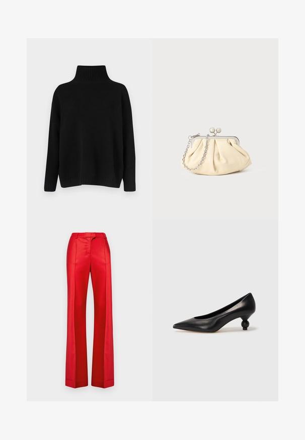 Black knitted sweater with a high ribbed collar, dropped shoulders, and a relaxed fit. Features ribbed cuffs and hem for texture.; Red wide-leg trousers made of smooth fabric with a high waist and belt loops. Features sharp creases along the front for structured design.; Black leather high heel shoe with a pointed toe and a round, balled heel. Smooth texture with a sleek, minimal design.; Pleated beige leather clutch with a silver metal frame, featuring two round decorative clasps and a silver chain strap.