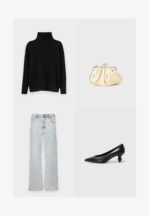 Mustast riidest kudumiga kampsun, millel on kõrge soonikuga krae, allapoole langetatud õlad ja lõdvestunud lõige. Omadusena soonikuga mansetid ja alumine ääreosa, mis lisavad tekstuuri.; Heledad sinine lai jalgadega teksapüksid, mis on valmistatud denimist, klassikalise viie taskuga disainiga, nööbiga sulgemisega ja kergelt kulumisjälgedega.; Must musta kõrge kontsaga king, millel on terav nina ja ümar, pallikujuline konts. Sile pind ja elegantne, minimalistlik disain.; Kortsus beežist nahast kotike, millel on hõbedane metallraam, kaunistatud kahe ümmarguse dekoratiivse lukuga ja hõbedase ketispideme.