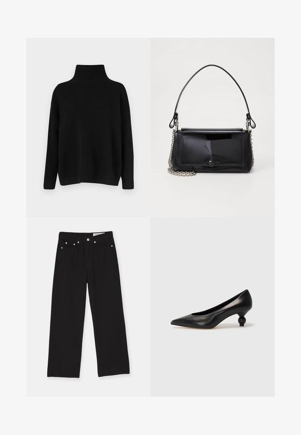 Maglione nero lavorato a maglia con collo alto a coste, spalle scese e vestibilità morbida. Presenta polsini e orlo a coste per una texture particolare.; Jeans neri a gamba larga realizzati in denim, con design a cinque tasche, chiusura con bottone e dettagli in metallo. Tessuto testurizzato con una finitura liscia.; Scarpa con tacco alto in pelle nera, con punta affilata e tacco arrotondato e bombato. Texture liscia con un design elegante e minimalista.; Borsa a tracolla in vernice nera con forma rettangolare, tracolla a catena e un distintivo accessorio in metallo al centro. Texture liscia.